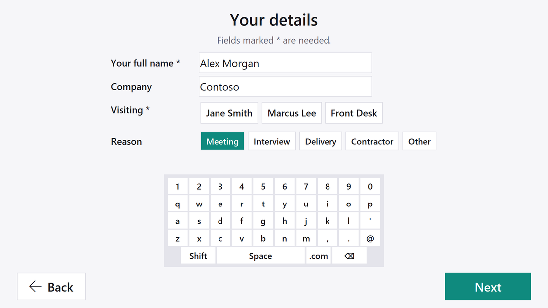 The kiosk details screen with name, company, host buttons and an on-screen keyboard